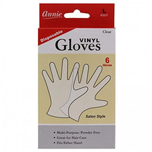 Load image into Gallery viewer, Annie Disposable Vinyl Gloves Powder Free 6 Count Clear Salon Style [#3837 Large]
